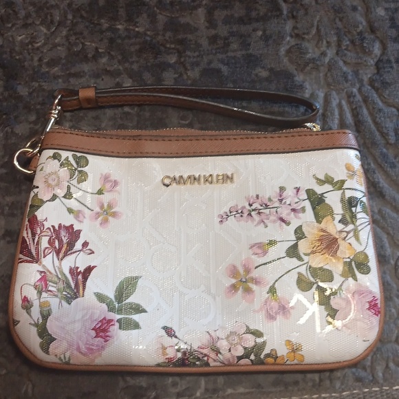 Calvin Klein Women's Vanilla CK Logo With Floral Print Wristlet Handbag Bag - Picture 3 of 4